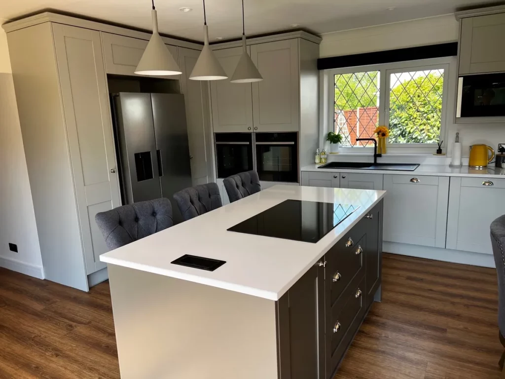 Light Grey Shaker Style Kitchen with Grey Island and Quartz Worktops - Equipped with Smart Appliances