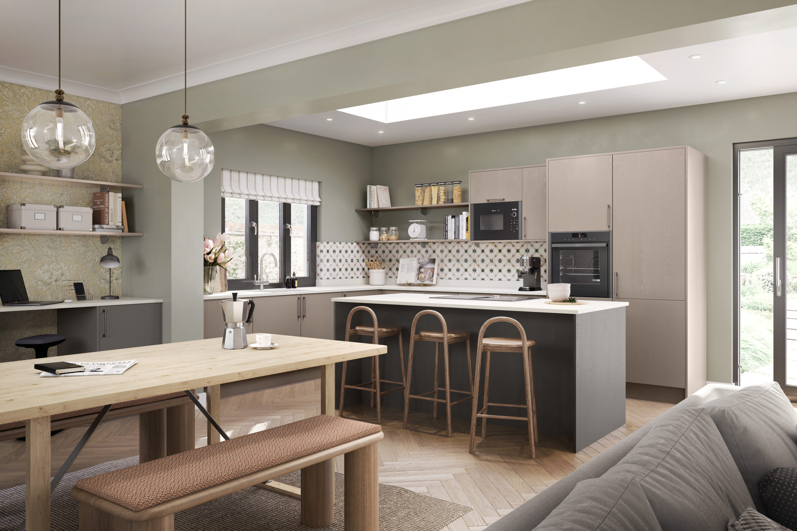 Modern kitchen design with flat panel cabinets in an open-plan area featuring a large island with three wooden barstools, light wood dining table, and built-in appliances. The space includes pendant lighting, patterned backsplash, and muted colour palette, exemplifying contemporary style for Knebworth Kitchens.