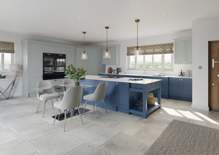 Spacious open-plan kitchen in Crown Imperial&rsquo;s Verona range, featuring Dove Grey wall units and Marine blue base cabinetry with a large central island, pendant lighting, and built-in appliances in a modern shaker style.