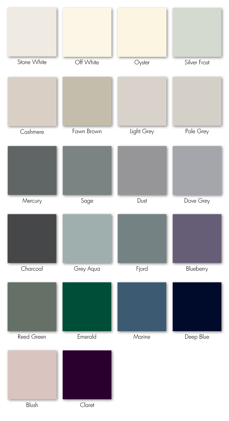 Swatch card displaying painted colour options from the Crown Imperial Colour Fusions collection, including neutral, pastel, and bold shades like Claret, Emerald, Marine, and Pale Grey.