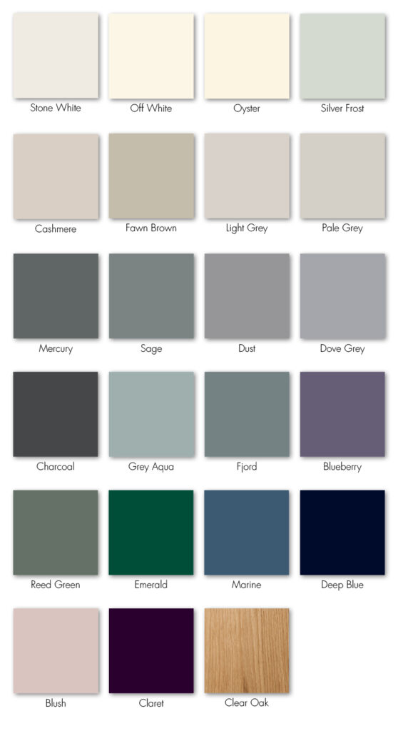 Swatch card displaying colour choices for Crown Imperial’s Midsomer kitchen range, including a mix of painted finishes like Sage, Blueberry, Claret, and natural Clear Oak.