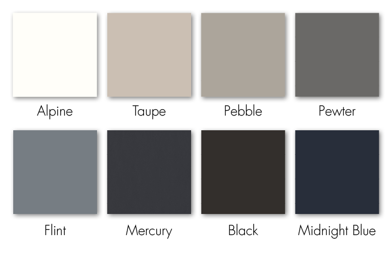 Swatch card showing eight matte colour options for the Crown Imperial Sapor&eacute; kitchen range: Alpine, Taupe, Pebble, Pewter, Flint, Mercury, Black, and Midnight Blue.