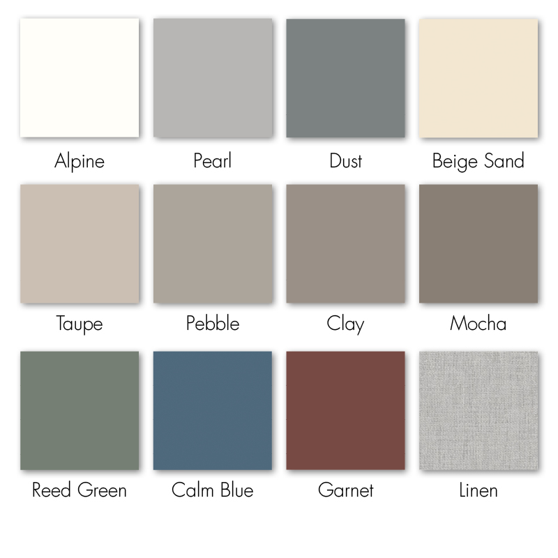 Swatch card showing contemporary colour finishes for the Crown Imperial UNO kitchen range, including Alpine, Dust, Reed Green, Calm Blue, and textured Linen.
