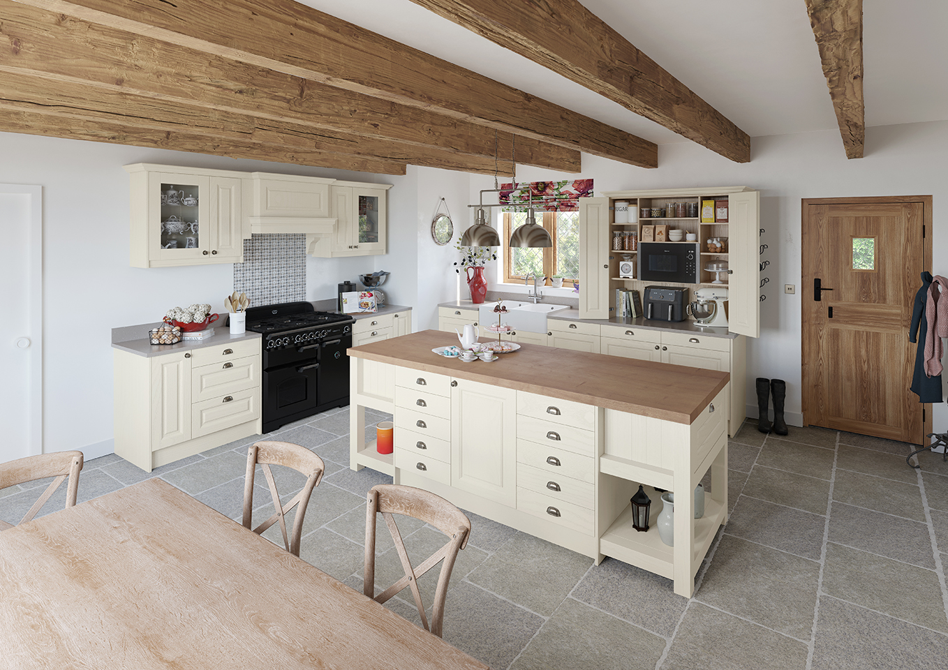 a kitchen with a wood ceiling and a table