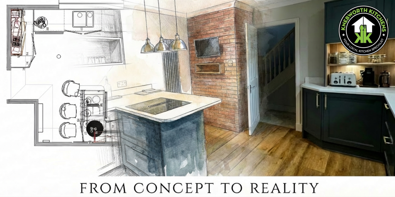 Modern fitted kitchen with blue island, beige cabinetry and marble worktops